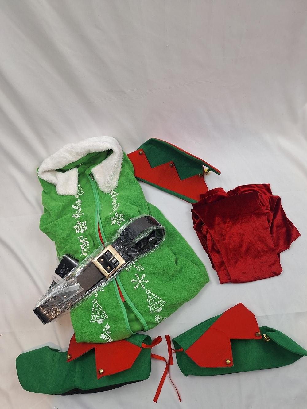 Adult Green Elf Costume Set with Red Accents